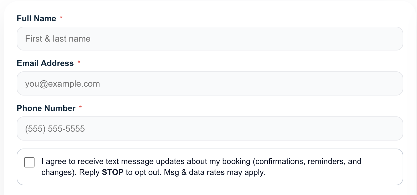 Example of the Guest details step showing the optional SMS consent checkbox